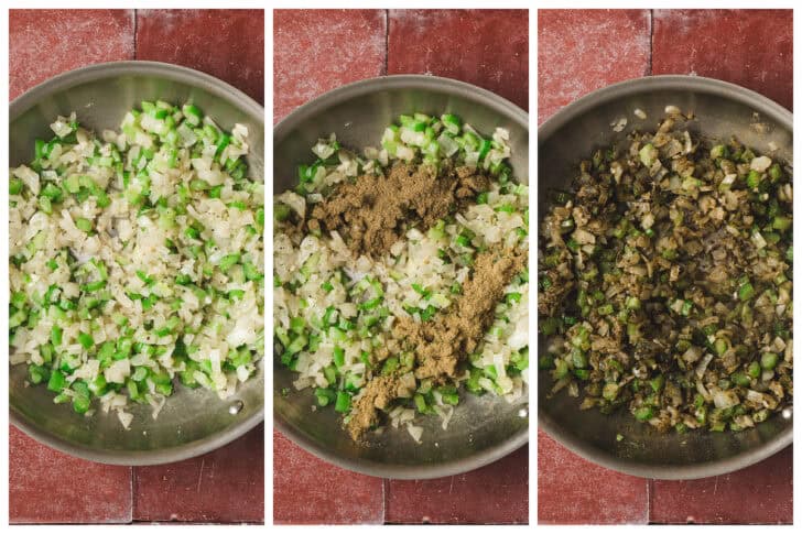 Three images showing the process of sauteeing celery and onion and adding herbs.