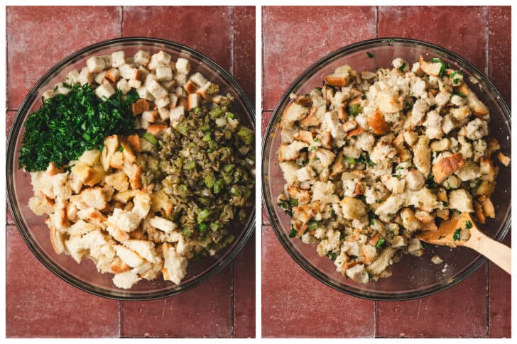 Two photos showing the process of stirring together the best stuffing recipe.