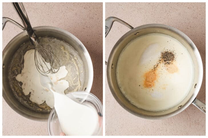 Two photos showing the process of making a roux-based sauce and adding spices to it.