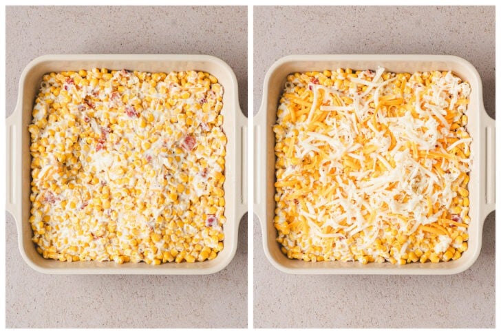 Two photos showing a cheesy corn casserole recipe before and after being topped with shredded cheese.