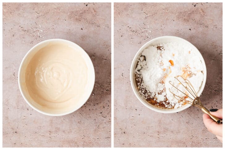 Two photos showing a glaze being whisked together in a white bowl.