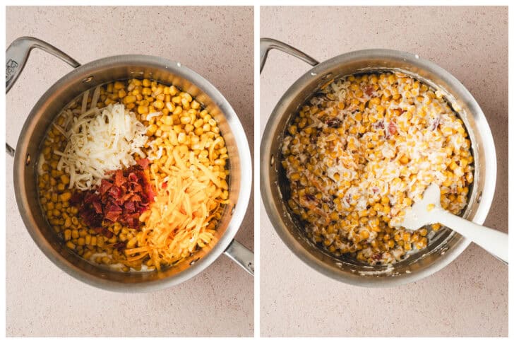 Two photos showing the process of making a cheesy vegetable recipe in a pot.