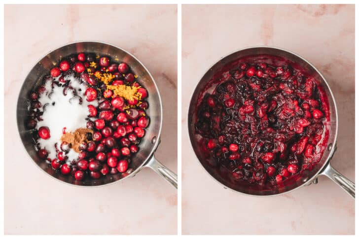 Two photos showing cranberry sauce before and after simmering in a saucepot.