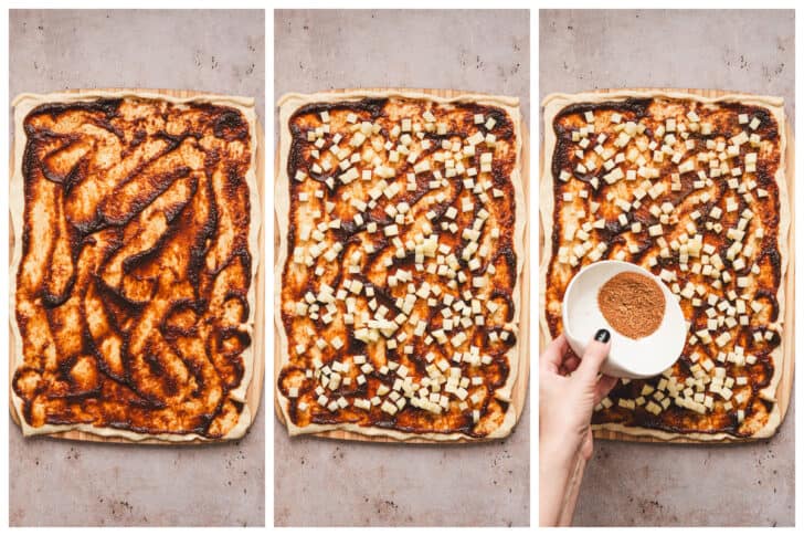 Three photos showing the process of layering the filling of apple butter cinnamon rolls.