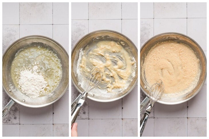 Three images showing the process of making a roux in a skillet.