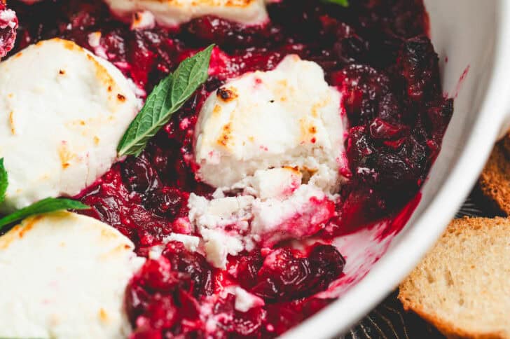 Closeup on a goat cheese and cranberry appetizer.