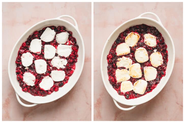 Two photos showing a cranbery goat cheese appetizer before and after baking.
