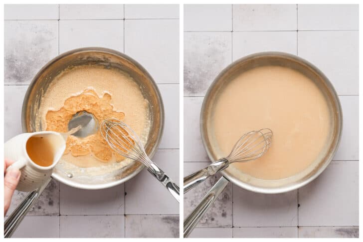 Two images showing the process of adding broth to a roux in a skillet.