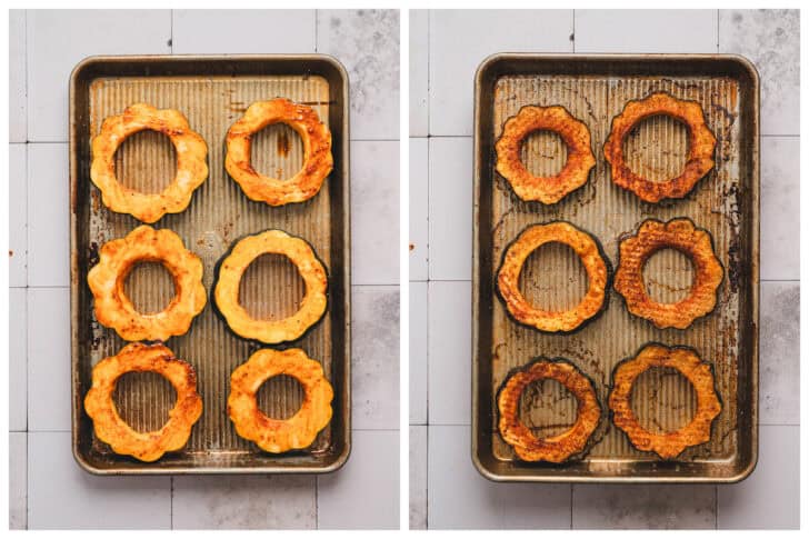 Two photos showing roasted acorn squash slices, before and after cooking.
