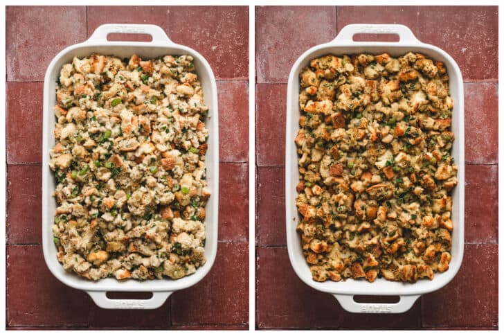 Two photos showing an old fashioned stuffing recipe, before and after baking.