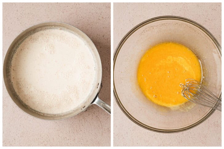 Two photos showing dairy being steeped in apot, and eggs being whisked in a bowl.