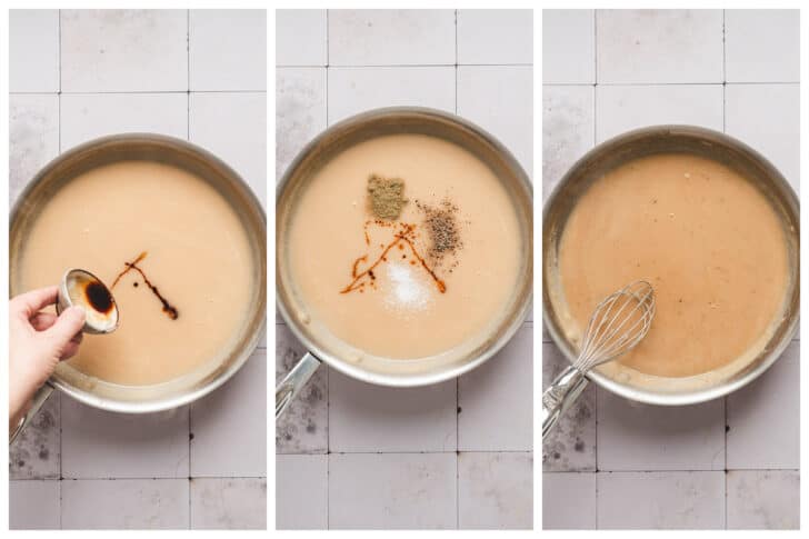 Three images showing the process of seasoning a gravy recipe.