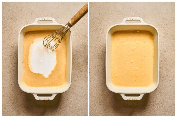 Two photos showing coconut milk being whisked into a curry sauce in a baking dish.
