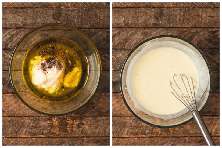 Two images showing the process of whisking together a creamy salad dressing in a glass bowl.