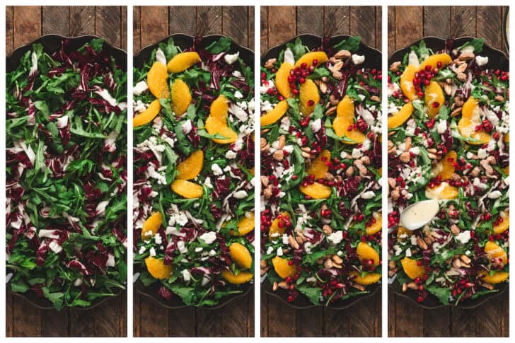 A series of 4 photos that shows the process of layering a Christmas salad recipe on a platter.