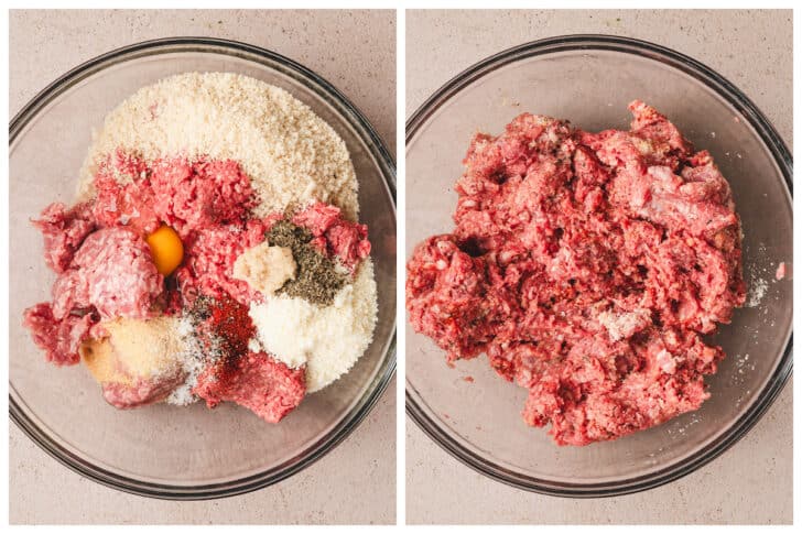 Two photos showing the process of mixing a meatball appetizer recipe in a glass bowl.