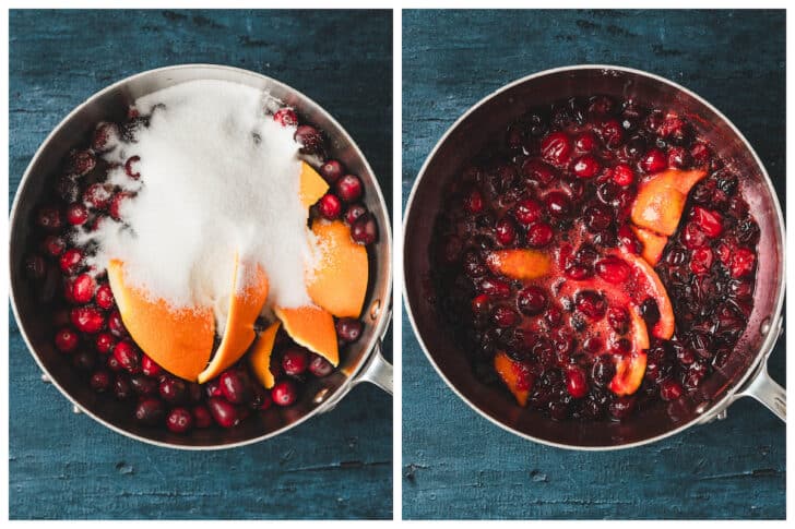 Two photos showing the process of making a cooked fruit sauce in a pan.