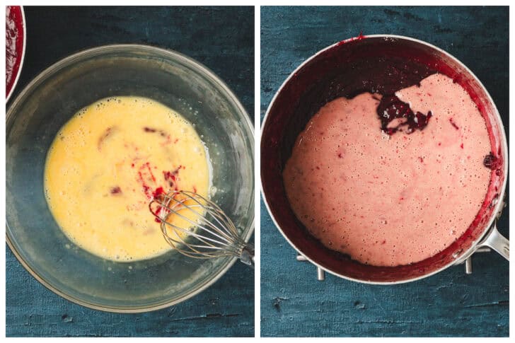 Two photos showing the process of whisking eggs and adding them a fruit sauce.