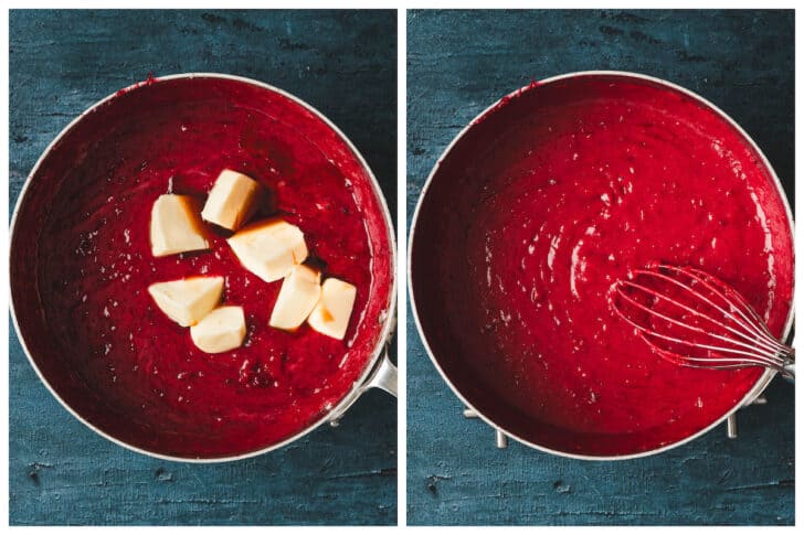 Two photos showing the process of whisking butter into cranberry curd.