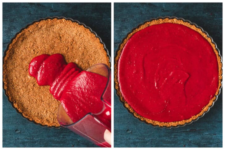 Two photos showing the process of pouring cranberry tart filling into a pie crust.