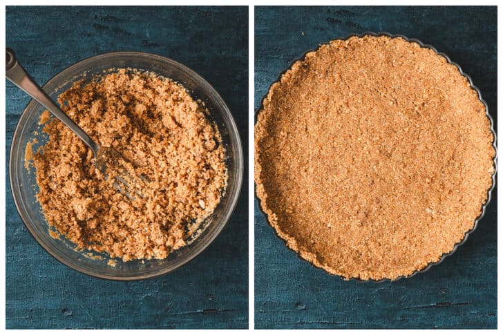 Two photos showing the process of making and forming a graham cracker crust.