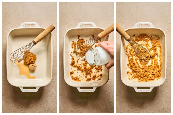 A series of three photos showing a creamy curry sauce being stirred together in a baking dish.