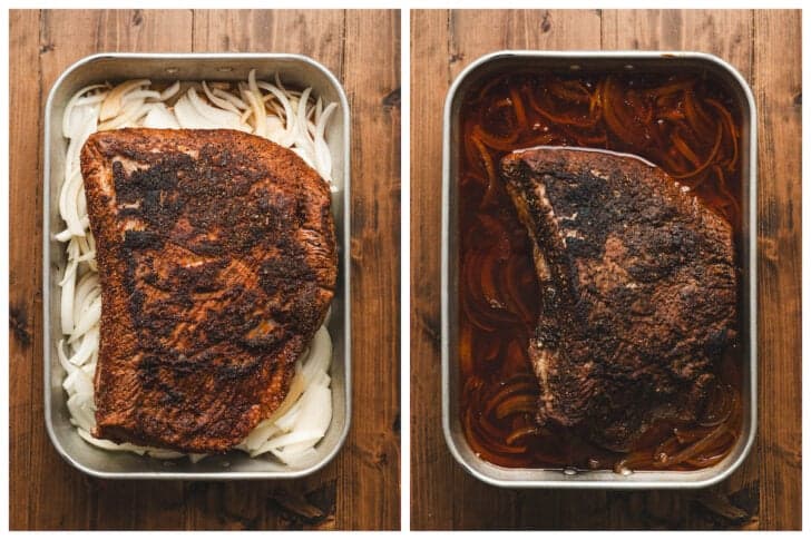 Before and after photos showing how to cook a brisket in the oven.