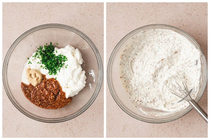 Two photos showing a yogurt and whole grain mustard dipping sauce being whisked together in a glass bowl.