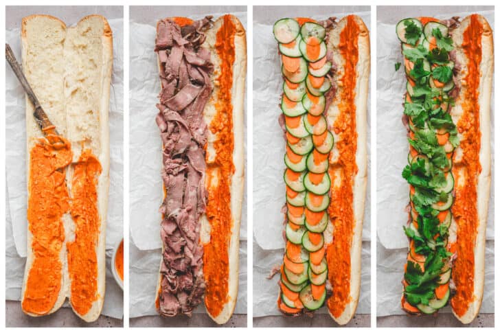 Four images showing the process of layering a leftover prime rib sandwich.