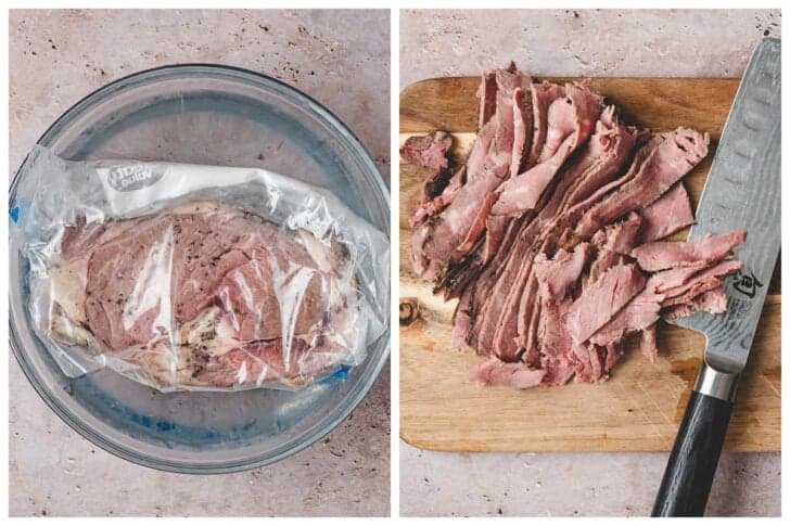 Two images showing a slice of cooked beef being warmed in a ziploc bag put in a bowl of warm water, and then it being sliced on a cutting board.