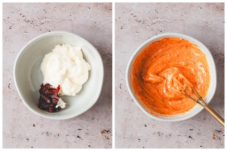 Two images showing the process of stirring together gochujang and mayonnaise.