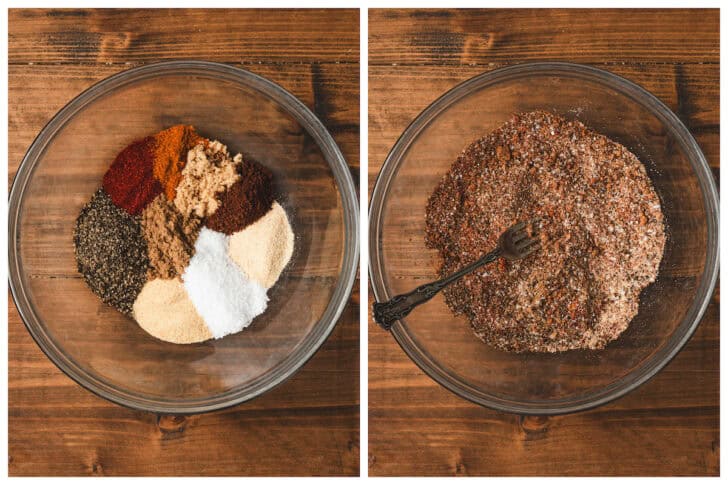 Two photos showing the process of stirring together a brisket dry rub recipe in a glass bowl.