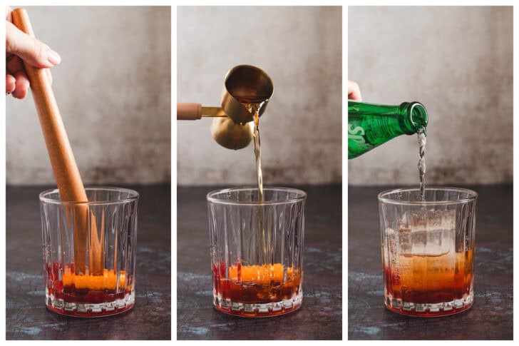A series of three images showing how to make a brandy old fashioned.