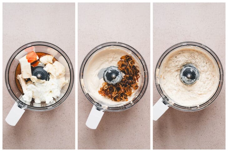 A series of three photos showing the process of making a caramelized onion dip recipe in a food processor.