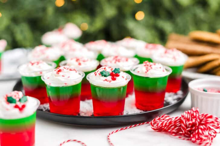 A tray of Christmas jello shots with vodka.
