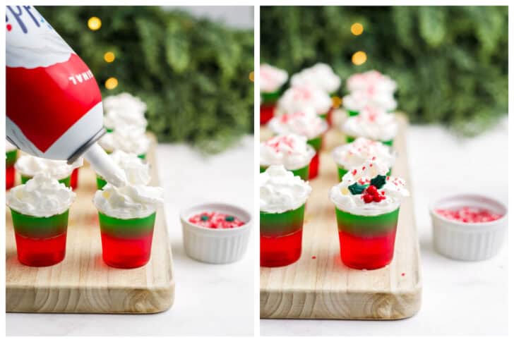 Two photos that show the process of topping Christmas holiday jello shots with whipped cream and sprinkles.