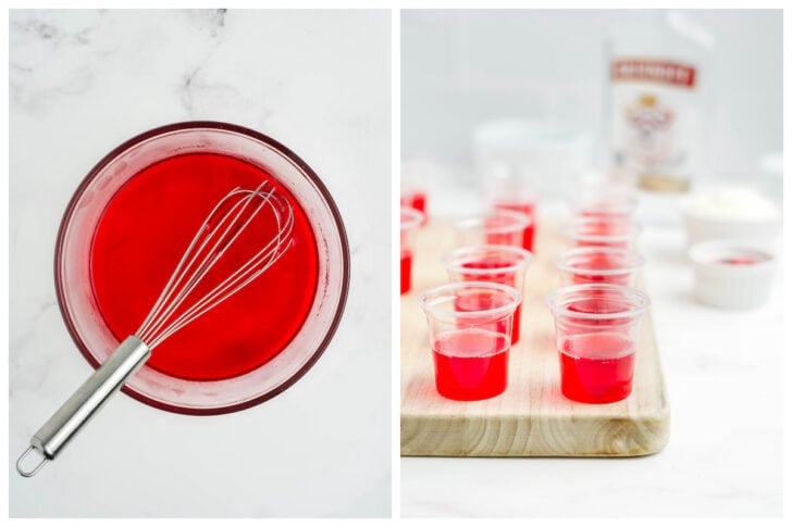 Two photos that show the process of making the red layer of xmas jello shots.
