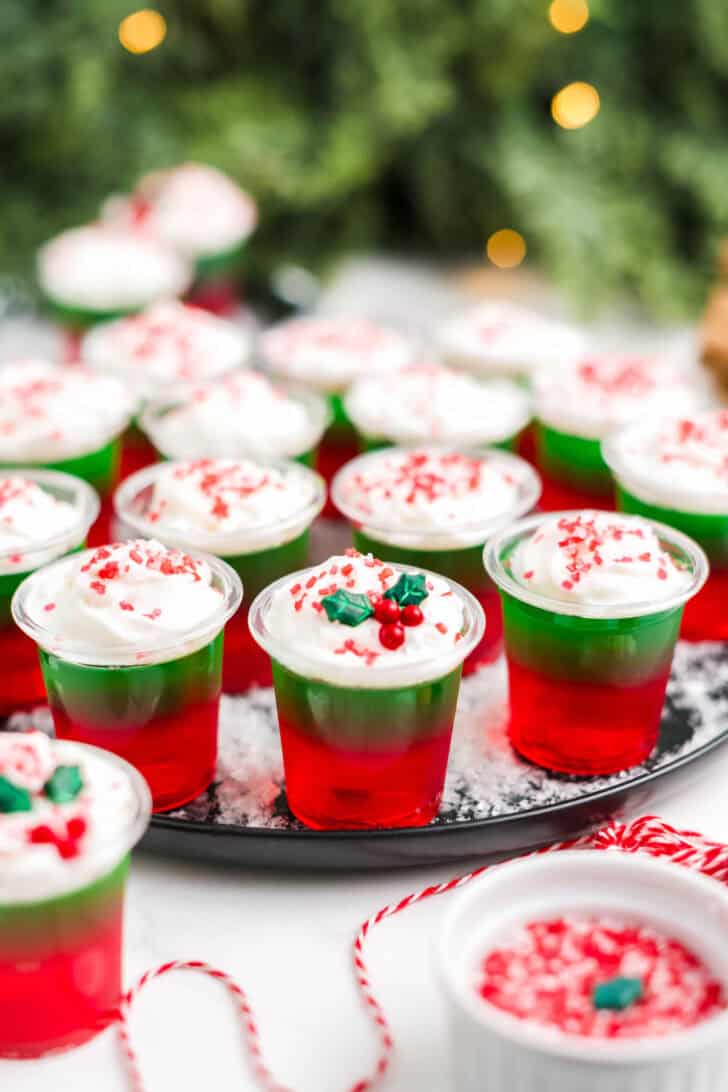 A tray of xmas jello shots.