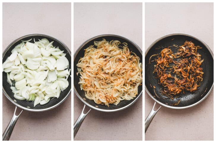 A series of three photos showing the process of caramelizing onions in a skillet.