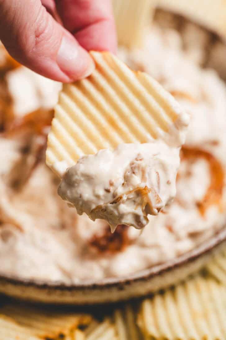 A hand lifting a potato chip with a dollop of caramelized onion dip on it.