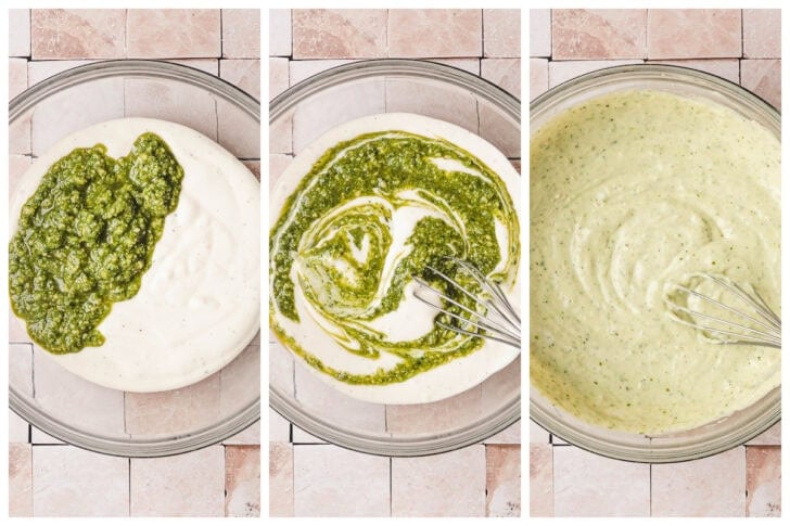 Three images showing the process of whisking together pesto ranch dressing.