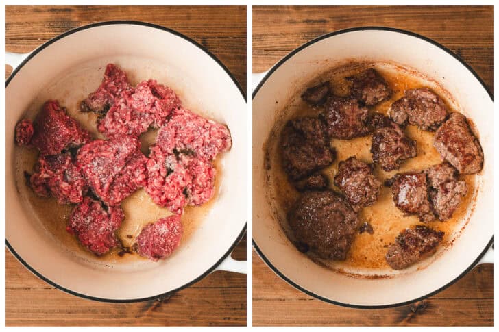 Two images showing chunks of ground beef in a Dutch oven, before and after browning.