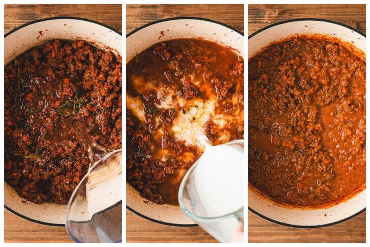Three photos showing the process of adding water, milk, and simmering rigatoni with meat sauce.