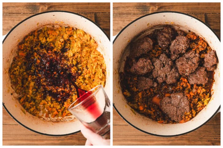 Two images showing the process of adding wine and cooked ground beef to a pot with cooked vegetables.