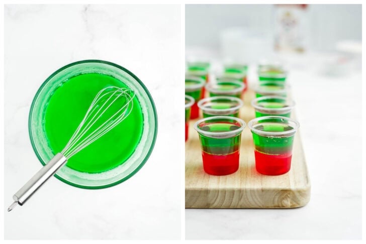Two photos that show the process of making the green layer of a Christmas jello shot recipe.