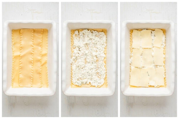 Three photos showing lasagna noodles being layered with a creamy mixture and cheese slices in a white baking dish.