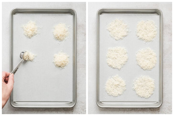 Two photos showing mounds of Parmesan cheese being placed on a parchment-lined baking pan.