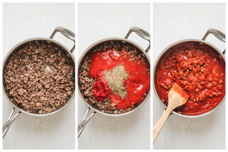 Three photos showing the process of making a meaty tomato sauce.