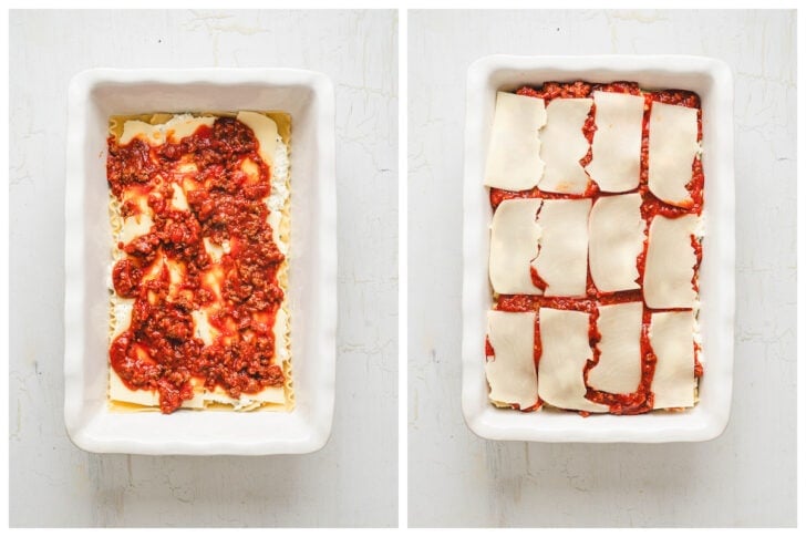 Two photos showing meat sauce and mozzarella cheese slices being layered into a baking dish.