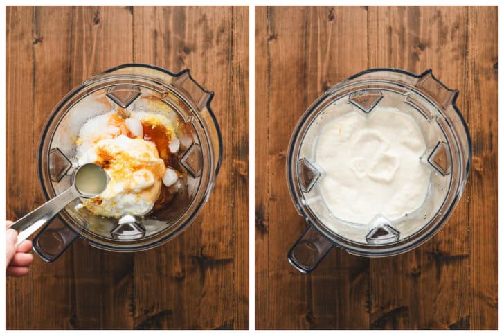 Two images showing a lemon smoothie recipe being blended together in a blender pitcher.